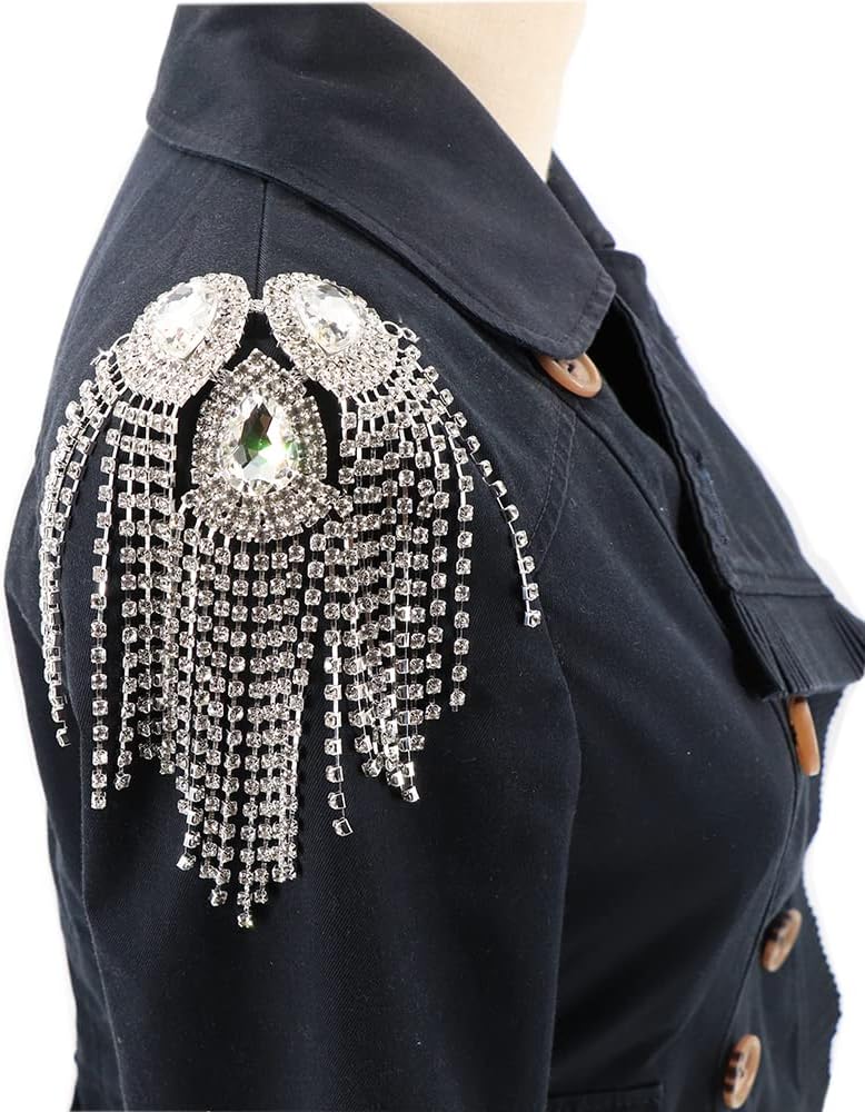 Qlavoca Crystal Fringe Shoulder Epaulette Rhinestones Appliques Stitch Patches for DIY Women Fashion Accessories 2pcs/Pack - Image 2